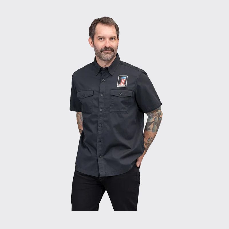 Men's Block Font Solid Short Sleeve Mechanics Shirt