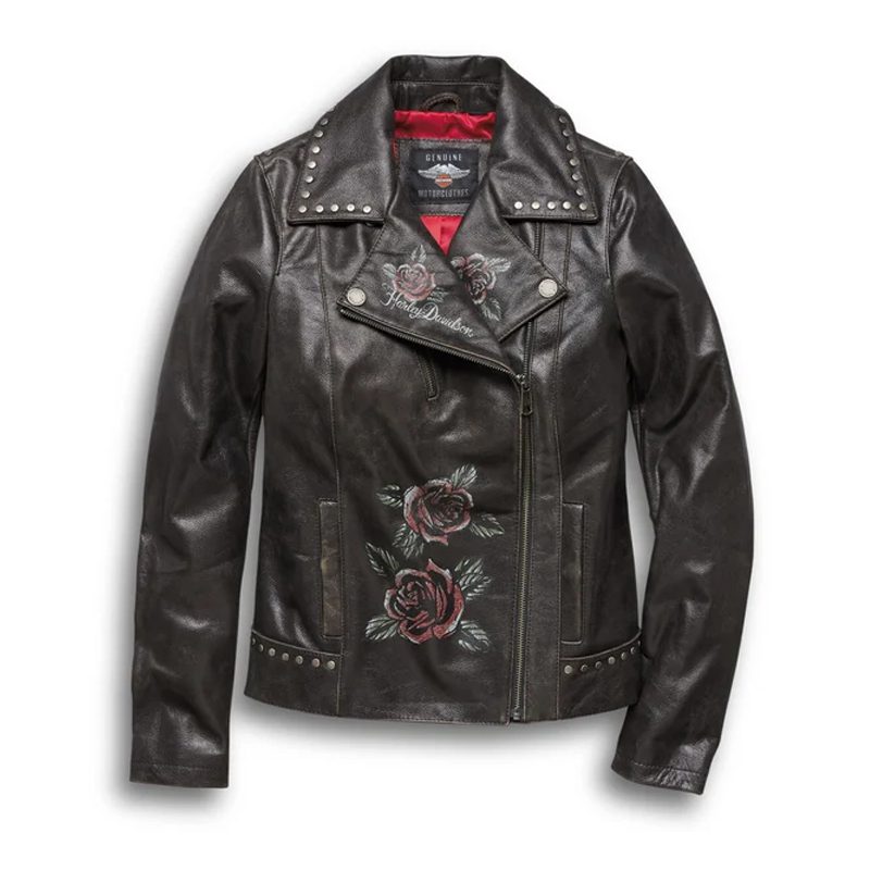 Women's Roses & Studs Leather Biker Jacket