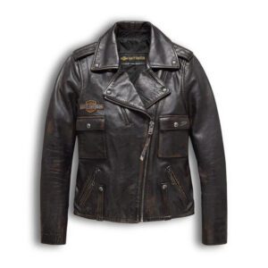 Women's Eagle Logo Distressed Leather Biker Jacket